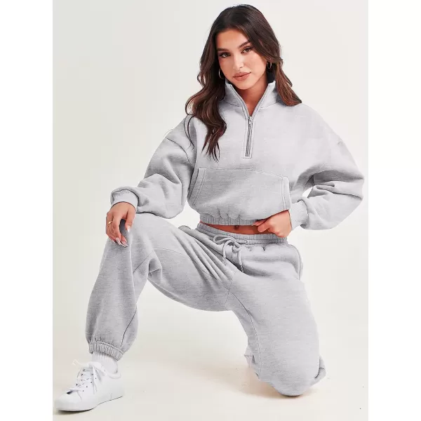 imageANRABESS Womens Two Piece Outfits Long Sleeve Half Zip Crop Sweatsuit with Jogger Pants Lounge Sets with PocketsGery