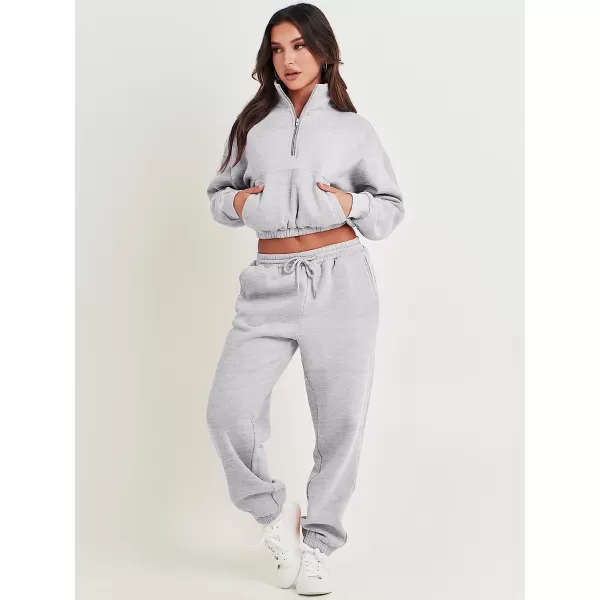 imageANRABESS Womens Two Piece Outfits Long Sleeve Half Zip Crop Sweatsuit with Jogger Pants Lounge Sets with PocketsGery