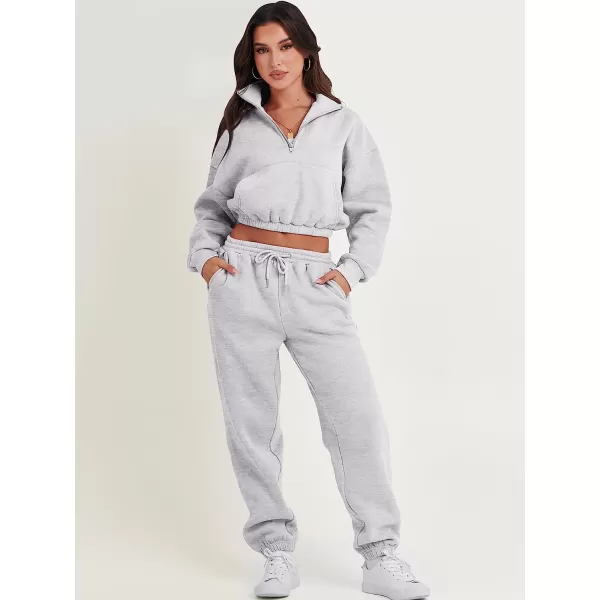 imageANRABESS Womens Two Piece Outfits Long Sleeve Half Zip Crop Sweatsuit with Jogger Pants Lounge Sets with PocketsGery