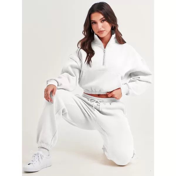 imageANRABESS Womens Two Piece Outfits Long Sleeve Half Zip Crop Sweatsuit with Jogger Pants Lounge Sets with PocketsWhite