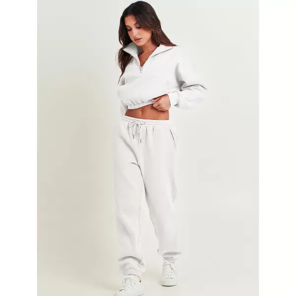 imageANRABESS Womens Two Piece Outfits Long Sleeve Half Zip Crop Sweatsuit with Jogger Pants Lounge Sets with PocketsWhite