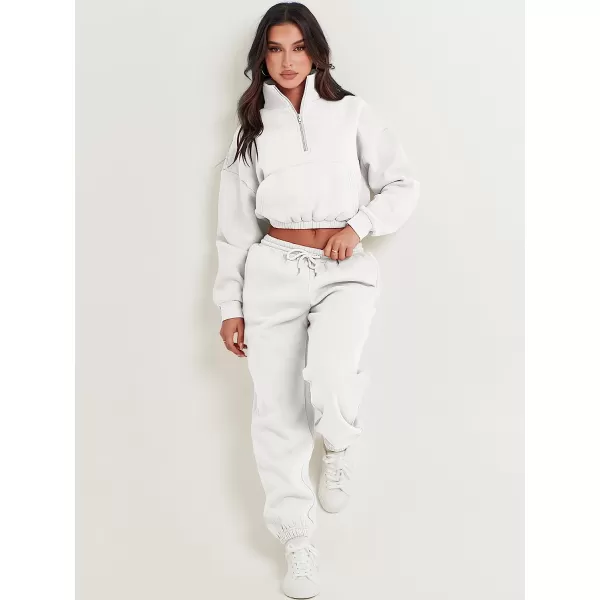 imageANRABESS Womens Two Piece Outfits Long Sleeve Half Zip Crop Sweatsuit with Jogger Pants Lounge Sets with PocketsWhite