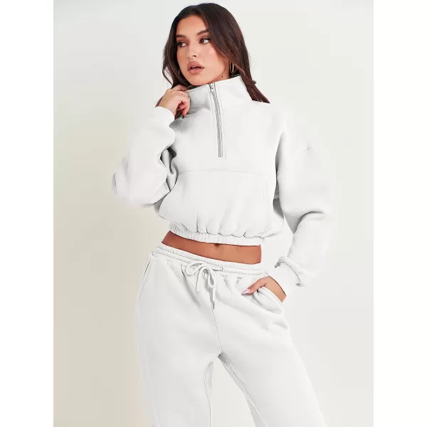 imageANRABESS Womens Two Piece Outfits Long Sleeve Half Zip Crop Sweatsuit with Jogger Pants Lounge Sets with PocketsWhite