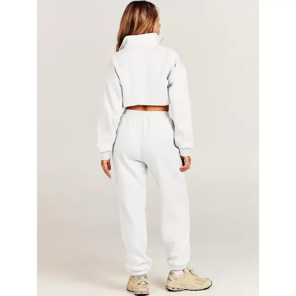 imageANRABESS Womens Two Piece Outfits Long Sleeve Half Zip Crop Sweatsuit with Jogger Pants Lounge Sets with PocketsWhite