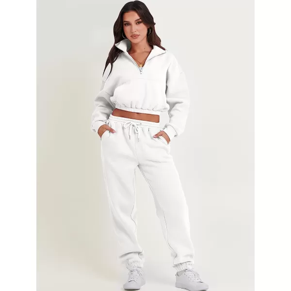 imageANRABESS Womens Two Piece Outfits Long Sleeve Half Zip Crop Sweatsuit with Jogger Pants Lounge Sets with PocketsWhite