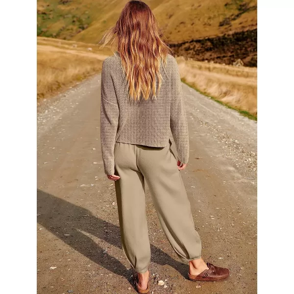 imageANRABESS Womens Two Piece Outfits Long Sleeve Knit Top Fall Sweater Set Oversized Pants Tracksuit Lounge SetsKhaki