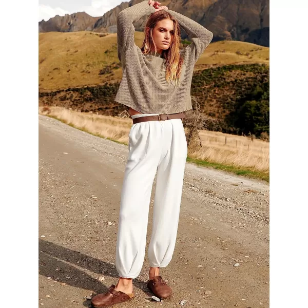 imageANRABESS Womens Two Piece Outfits Long Sleeve Knit Top Fall Sweater Set Oversized Pants Tracksuit Lounge SetsKhaki White