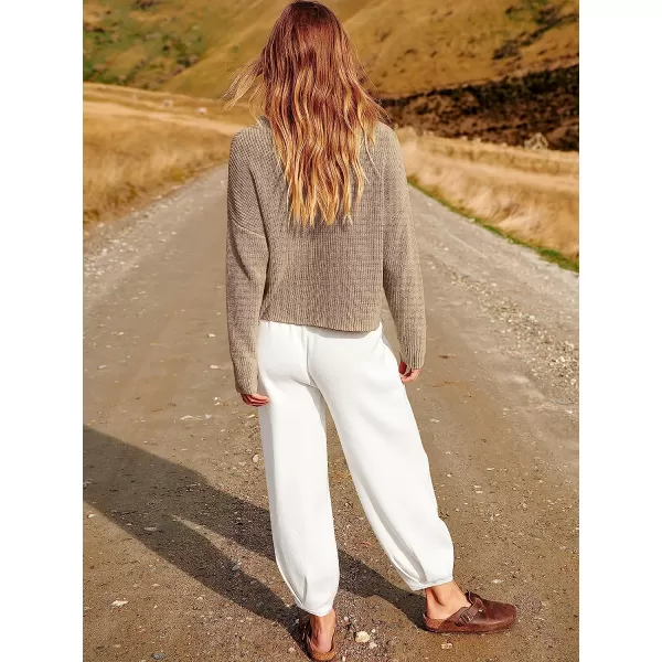 imageANRABESS Womens Two Piece Outfits Long Sleeve Knit Top Fall Sweater Set Oversized Pants Tracksuit Lounge SetsKhaki White