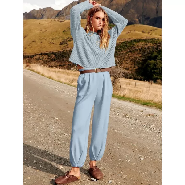 imageANRABESS Womens Two Piece Outfits Long Sleeve Knit Top Fall Sweater Set Oversized Pants Tracksuit Lounge SetsSky
