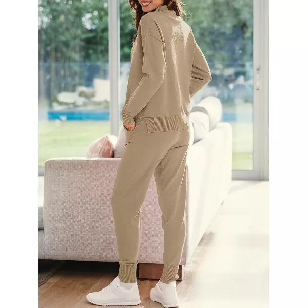 imageANRABESS Womens Two Piece Outfits Long Sleeve Turtleneck Pullover Top amp Drawstring Pants Sweatsuit Lounge SetKhaki