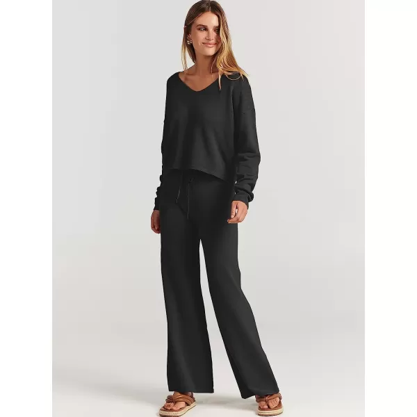 imageANRABESS Womens Two Piece Outfits Long Sleeve V Neck Crop Top with High Waist Wide Leg Pants Sweater Sets Lounge WearBlack