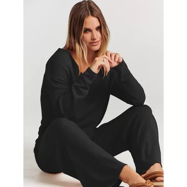 imageANRABESS Womens Two Piece Outfits Long Sleeve V Neck Crop Top with High Waist Wide Leg Pants Sweater Sets Lounge WearBlack