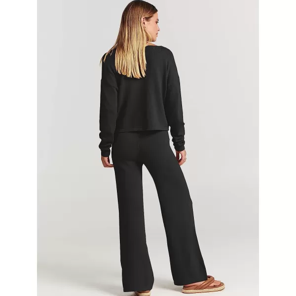 imageANRABESS Womens Two Piece Outfits Long Sleeve V Neck Crop Top with High Waist Wide Leg Pants Sweater Sets Lounge WearBlack