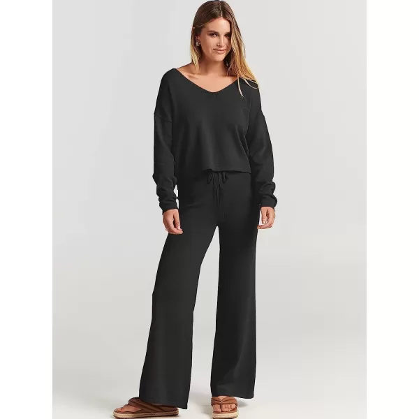 imageANRABESS Womens Two Piece Outfits Long Sleeve V Neck Crop Top with High Waist Wide Leg Pants Sweater Sets Lounge WearBlack