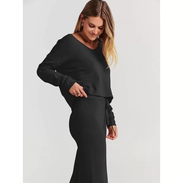imageANRABESS Womens Two Piece Outfits Long Sleeve V Neck Crop Top with High Waist Wide Leg Pants Sweater Sets Lounge WearBlack