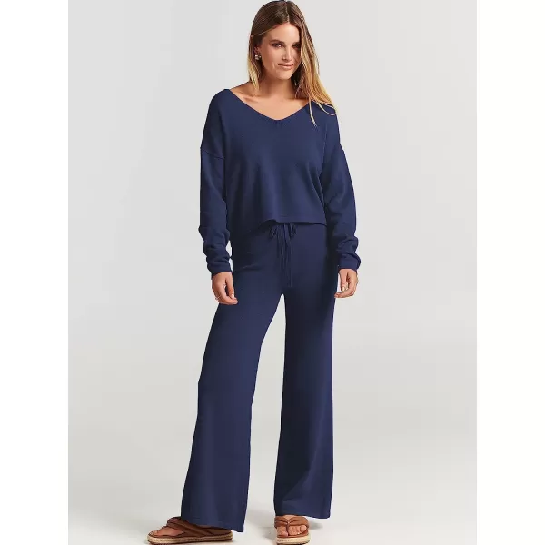 imageANRABESS Womens Two Piece Outfits Long Sleeve V Neck Crop Top with High Waist Wide Leg Pants Sweater Sets Lounge WearBlue