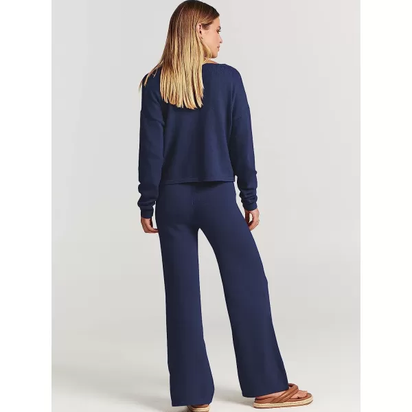 imageANRABESS Womens Two Piece Outfits Long Sleeve V Neck Crop Top with High Waist Wide Leg Pants Sweater Sets Lounge WearBlue