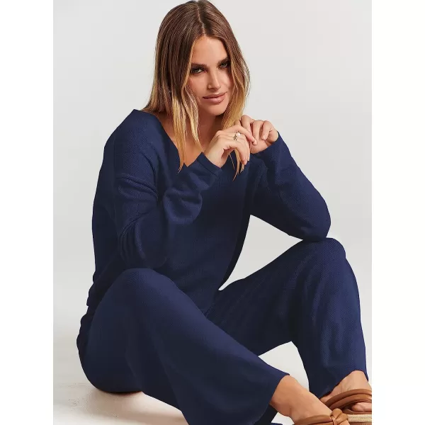 imageANRABESS Womens Two Piece Outfits Long Sleeve V Neck Crop Top with High Waist Wide Leg Pants Sweater Sets Lounge WearBlue