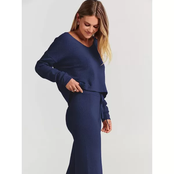 imageANRABESS Womens Two Piece Outfits Long Sleeve V Neck Crop Top with High Waist Wide Leg Pants Sweater Sets Lounge WearBlue