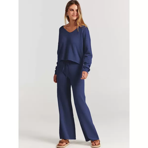 imageANRABESS Womens Two Piece Outfits Long Sleeve V Neck Crop Top with High Waist Wide Leg Pants Sweater Sets Lounge WearBlue