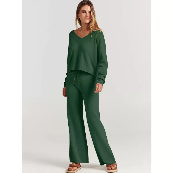 imageANRABESS Womens Two Piece Outfits Long Sleeve V Neck Crop Top with High Waist Wide Leg Pants Sweater Sets Lounge WearDeep Green