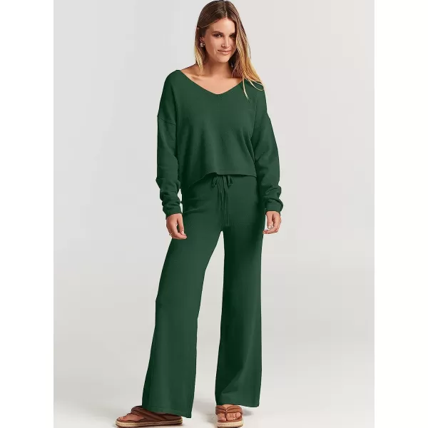 imageANRABESS Womens Two Piece Outfits Long Sleeve V Neck Crop Top with High Waist Wide Leg Pants Sweater Sets Lounge WearDeep Green