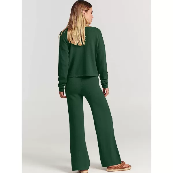 imageANRABESS Womens Two Piece Outfits Long Sleeve V Neck Crop Top with High Waist Wide Leg Pants Sweater Sets Lounge WearDeep Green