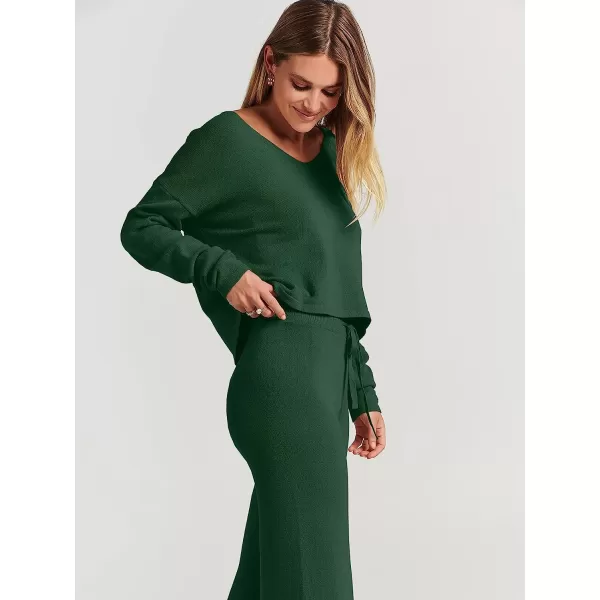 imageANRABESS Womens Two Piece Outfits Long Sleeve V Neck Crop Top with High Waist Wide Leg Pants Sweater Sets Lounge WearDeep Green