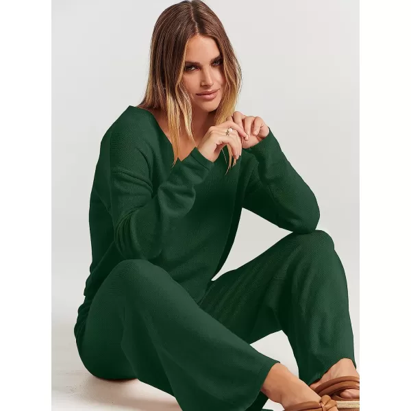 imageANRABESS Womens Two Piece Outfits Long Sleeve V Neck Crop Top with High Waist Wide Leg Pants Sweater Sets Lounge WearDeep Green