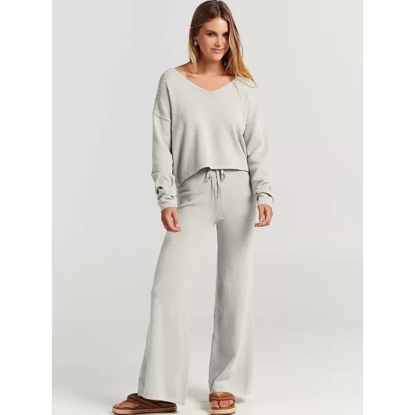 imageANRABESS Womens Two Piece Outfits Long Sleeve V Neck Crop Top with High Waist Wide Leg Pants Sweater Sets Lounge WearGray