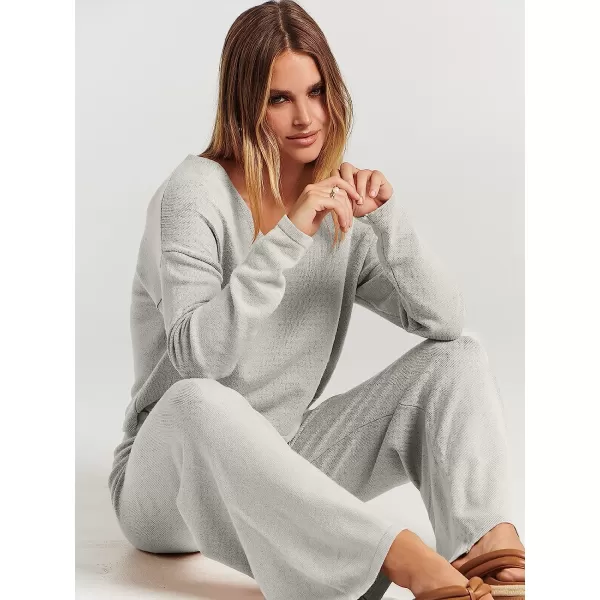 imageANRABESS Womens Two Piece Outfits Long Sleeve V Neck Crop Top with High Waist Wide Leg Pants Sweater Sets Lounge WearGray