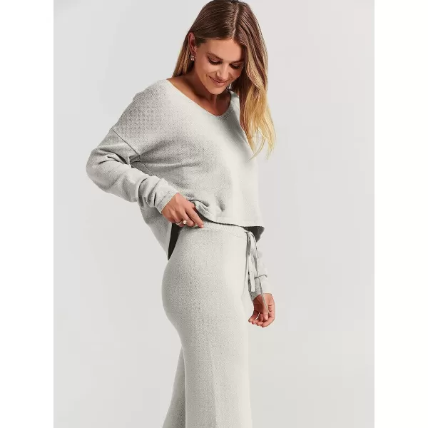 imageANRABESS Womens Two Piece Outfits Long Sleeve V Neck Crop Top with High Waist Wide Leg Pants Sweater Sets Lounge WearGray