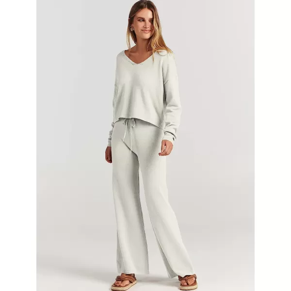 imageANRABESS Womens Two Piece Outfits Long Sleeve V Neck Crop Top with High Waist Wide Leg Pants Sweater Sets Lounge WearGray