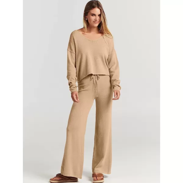 imageANRABESS Womens Two Piece Outfits Long Sleeve V Neck Crop Top with High Waist Wide Leg Pants Sweater Sets Lounge WearKhaki