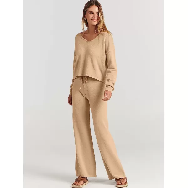 imageANRABESS Womens Two Piece Outfits Long Sleeve V Neck Crop Top with High Waist Wide Leg Pants Sweater Sets Lounge WearKhaki