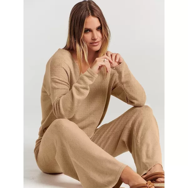 imageANRABESS Womens Two Piece Outfits Long Sleeve V Neck Crop Top with High Waist Wide Leg Pants Sweater Sets Lounge WearKhaki