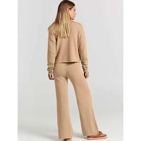 imageANRABESS Womens Two Piece Outfits Long Sleeve V Neck Crop Top with High Waist Wide Leg Pants Sweater Sets Lounge WearKhaki