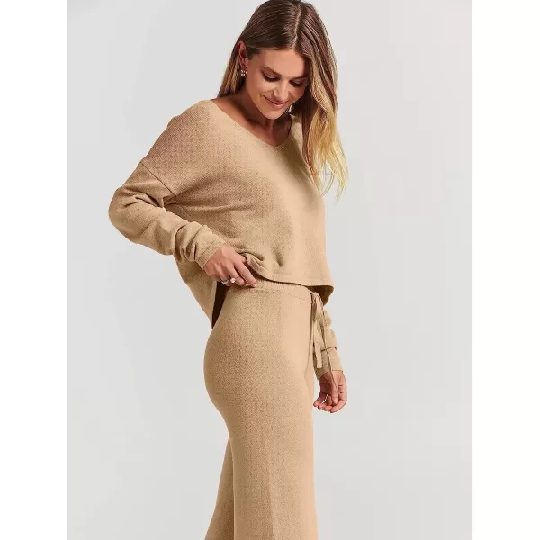imageANRABESS Womens Two Piece Outfits Long Sleeve V Neck Crop Top with High Waist Wide Leg Pants Sweater Sets Lounge WearKhaki