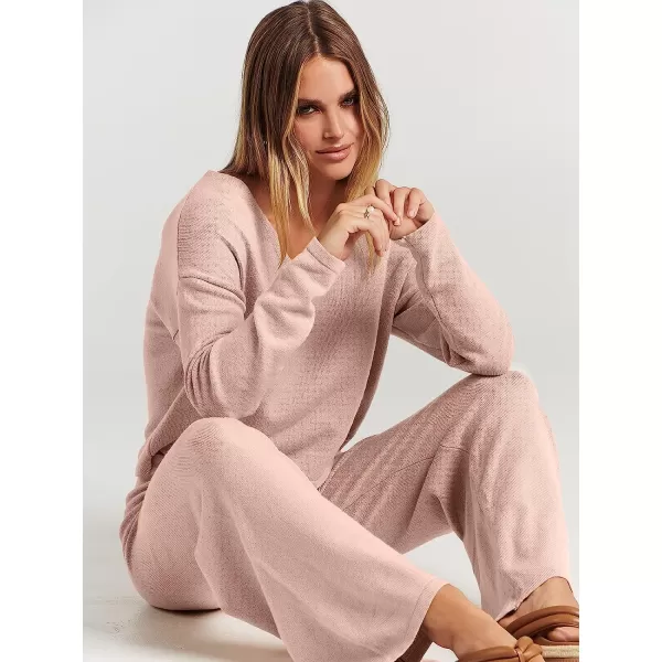 imageANRABESS Womens Two Piece Outfits Long Sleeve V Neck Crop Top with High Waist Wide Leg Pants Sweater Sets Lounge WearPink