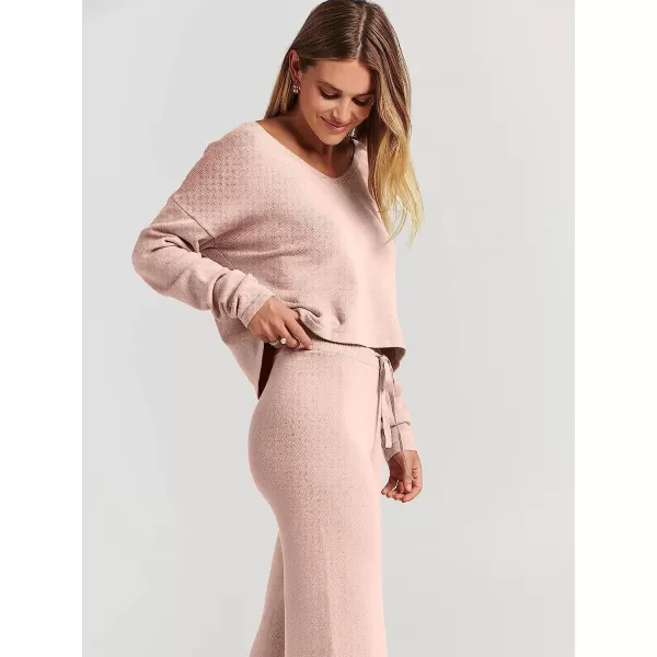 imageANRABESS Womens Two Piece Outfits Long Sleeve V Neck Crop Top with High Waist Wide Leg Pants Sweater Sets Lounge WearPink