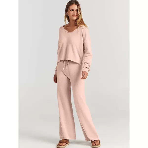 imageANRABESS Womens Two Piece Outfits Long Sleeve V Neck Crop Top with High Waist Wide Leg Pants Sweater Sets Lounge WearPink