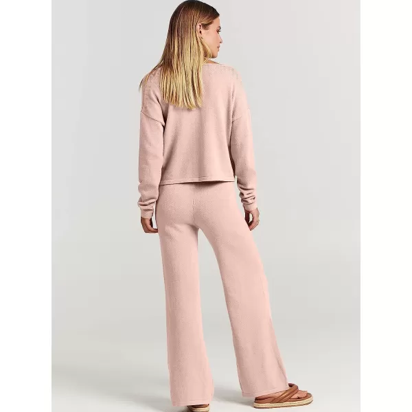 imageANRABESS Womens Two Piece Outfits Long Sleeve V Neck Crop Top with High Waist Wide Leg Pants Sweater Sets Lounge WearPink