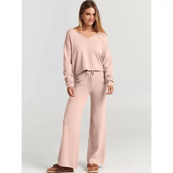 imageANRABESS Womens Two Piece Outfits Long Sleeve V Neck Crop Top with High Waist Wide Leg Pants Sweater Sets Lounge WearPink