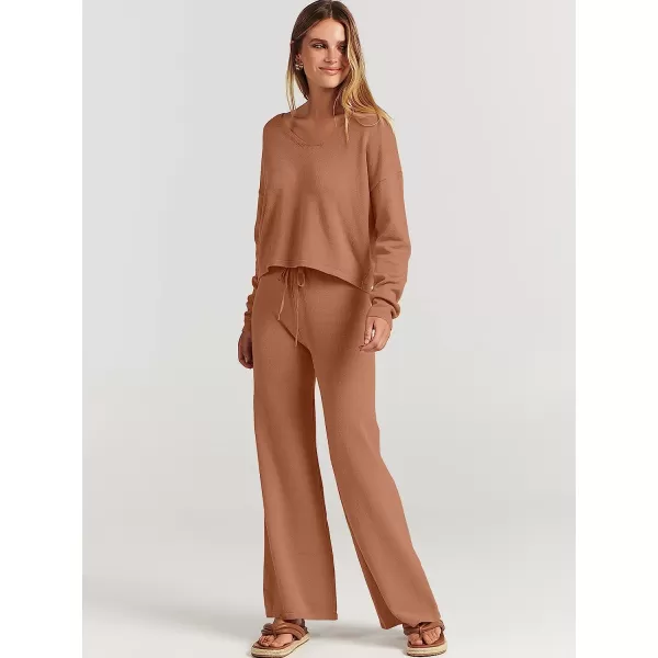 imageANRABESS Womens Two Piece Outfits Long Sleeve V Neck Crop Top with High Waist Wide Leg Pants Sweater Sets Lounge WearRust