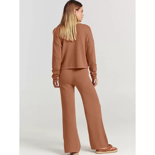 imageANRABESS Womens Two Piece Outfits Long Sleeve V Neck Crop Top with High Waist Wide Leg Pants Sweater Sets Lounge WearRust