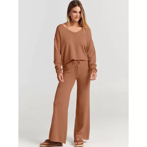 imageANRABESS Womens Two Piece Outfits Long Sleeve V Neck Crop Top with High Waist Wide Leg Pants Sweater Sets Lounge WearRust