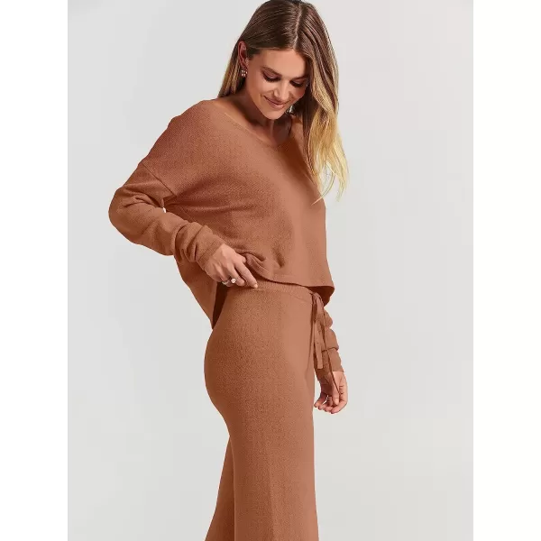 imageANRABESS Womens Two Piece Outfits Long Sleeve V Neck Crop Top with High Waist Wide Leg Pants Sweater Sets Lounge WearRust
