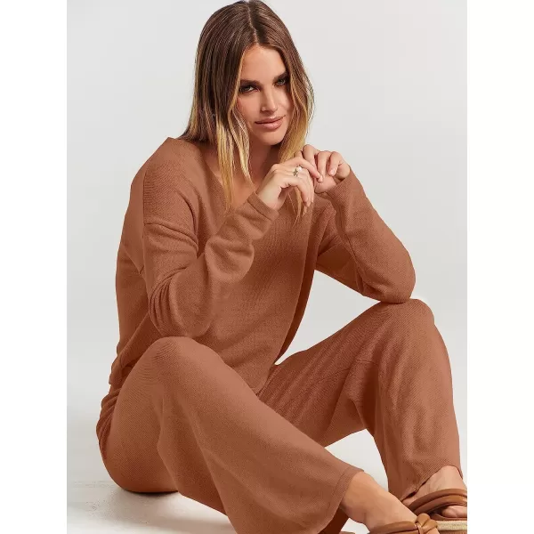 imageANRABESS Womens Two Piece Outfits Long Sleeve V Neck Crop Top with High Waist Wide Leg Pants Sweater Sets Lounge WearRust