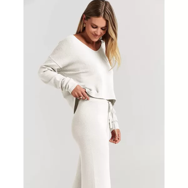 imageANRABESS Womens Two Piece Outfits Long Sleeve V Neck Crop Top with High Waist Wide Leg Pants Sweater Sets Lounge WearWhite
