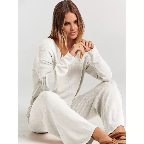 imageANRABESS Womens Two Piece Outfits Long Sleeve V Neck Crop Top with High Waist Wide Leg Pants Sweater Sets Lounge WearWhite